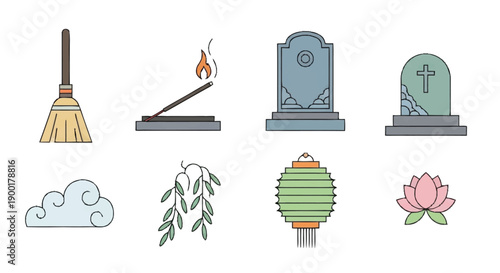 Broom incense burner tombstones clouds willow lantern lotus