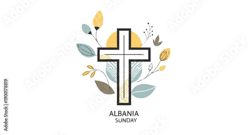 Cross with leaves and text Albania Sunday Christian