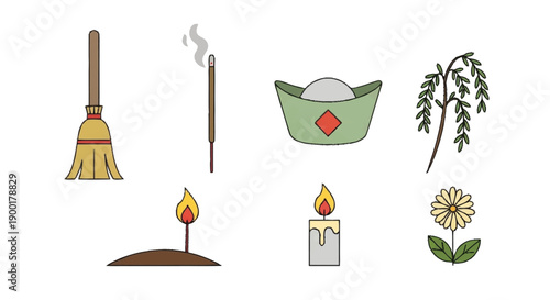 Broom incense stick green bowl rice willow branch flower candles