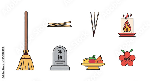 Broom incense sticks candle fruit bowl flower tomb
