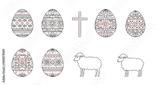 Easter eggs and sheep with cross decorated eggs easter symbols