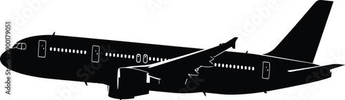 Detailed silhouette of a commercial airplane jet aircraft flying for travel tourism vacation aviation industry transportation isolated on white background.