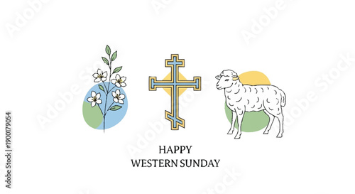 Happy Western Sunday with cross lamb and flowers Easter