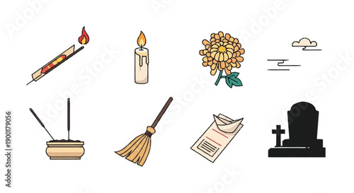 Halloween with candle incense stick and grave broom