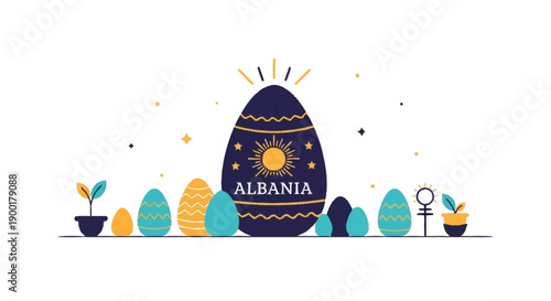 Easter eggs in shades of blue and yellow with Albania text