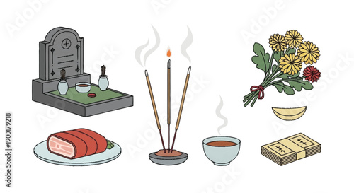 Incense sticks and offerings for ancestor worship food