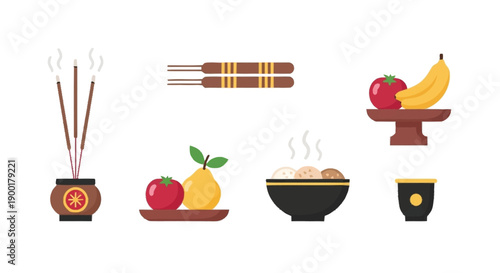 Incense sticks and offerings for ancestor worship fruit bowl