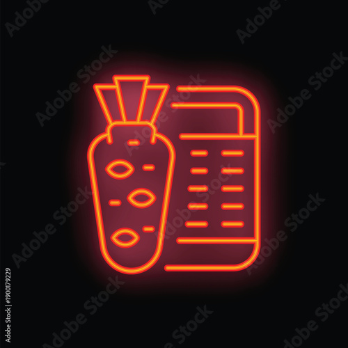 Neon sign illustrating the concept of a calorie tracking app, featuring a carrot and a phone screen displaying calorie information