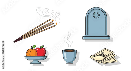 Incense sticks burning near offerings for ancestor worship burning incense Chinese tradition