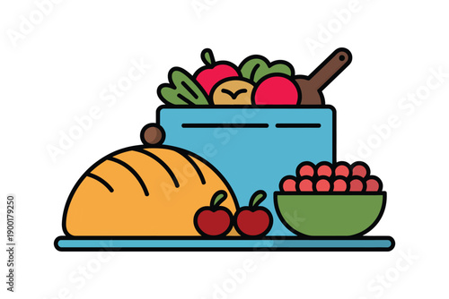 A colorful cartoon illustration of a kitchen counter with fresh food and a bowl of fruit