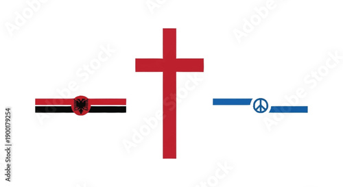 Red cross symbol with Albanian flag and peace sign symbols white background