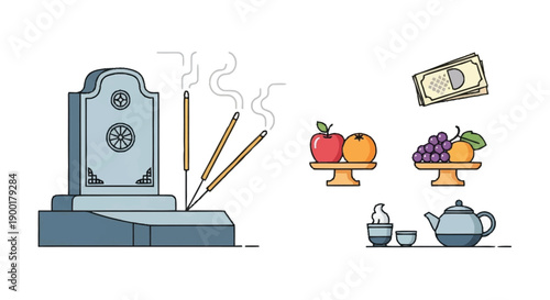 Cartoon tombstone with incense sticks and offerings of fruit and tea