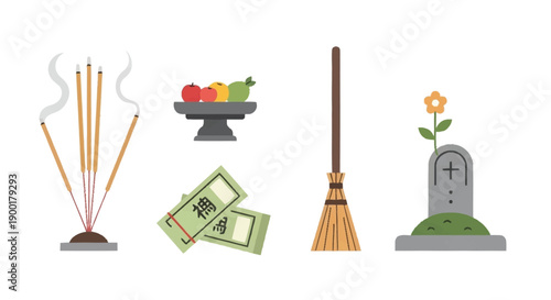Incense sticks with smoke fruit on pedestal money broom and tombstone
