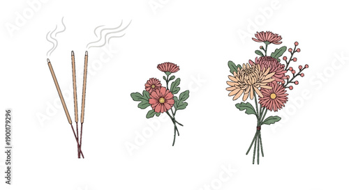 Incense sticks with pink and yellow flowers smoke pink flowers