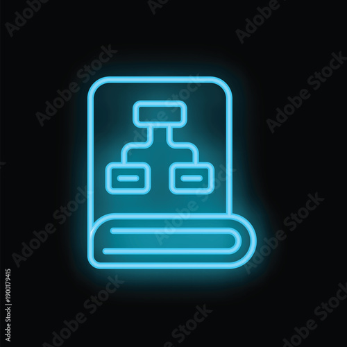 Blue neon icon of an algorithm on an open book, suggesting data analysis for education or research