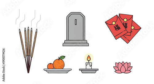 Chinese New Year offerings and decorations incense sticks tombstone red envelopes