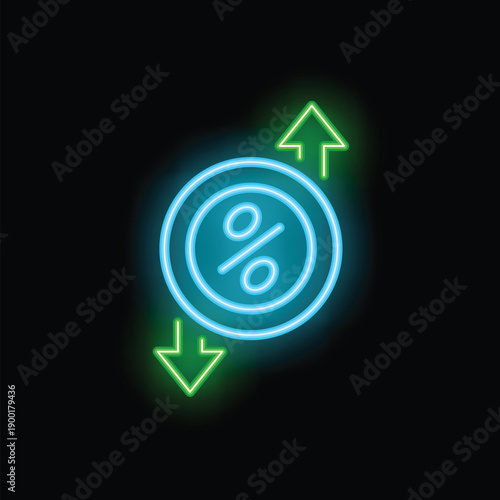 Neon icon of a percentage symbol is surrounded by up and down arrows, symbolizing the fluctuating nature of interest rates