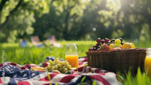 Outdoor picnic on sunny day with fruits and juice flag-themed blanket