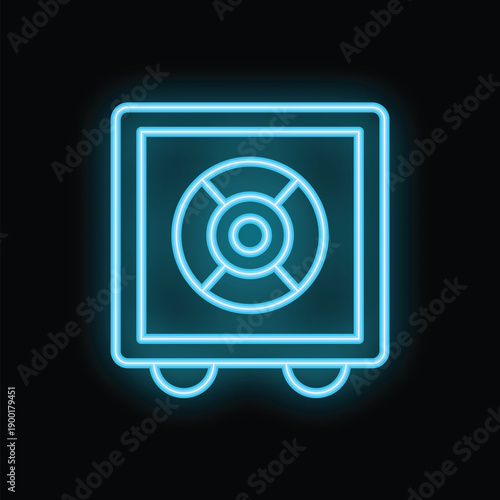Blue neon safe icon glowing on dark background representing security concept