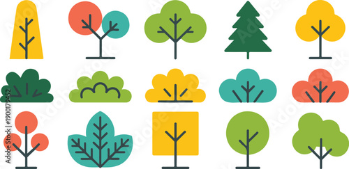 Stylized Trees and Clouds Icon Set for Colorful Nature Landscape Design