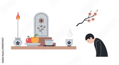 Person bowing at altar with offerings and incense fruit