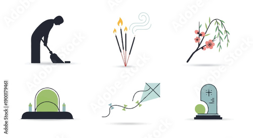 Person vacuuming candles flowers tombstones and kite black silhouette vacuum cleaner