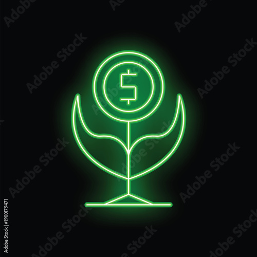 Green neon sign depicting a money tree growing with a dollar coin on top