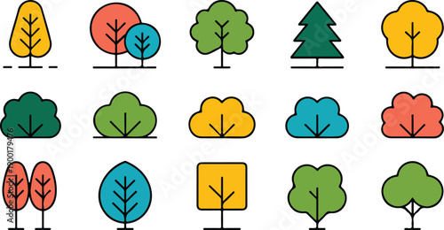 Stylized Trees and Clouds Icon Set for Colorful Nature Landscape Design