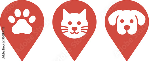 Pet Location Pin Icon Set with Cat and Dog Symbols for Animal Services