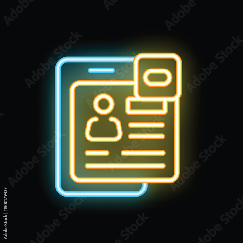 Glowing neon icon representing a smartphone with a user profile being blocked on a social media platform