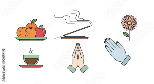 Praying hands incense stick fruit tea flower fruit plate tea cup