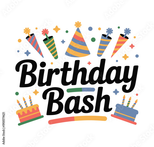 A colorful graphic illustration celebrating a birthday party with cakes and decorations