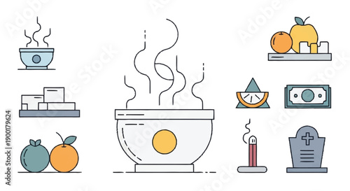 Colorful of food bowl fruit money and grave