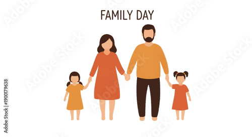 Family day with parents and two daughters holding hands children cartoon