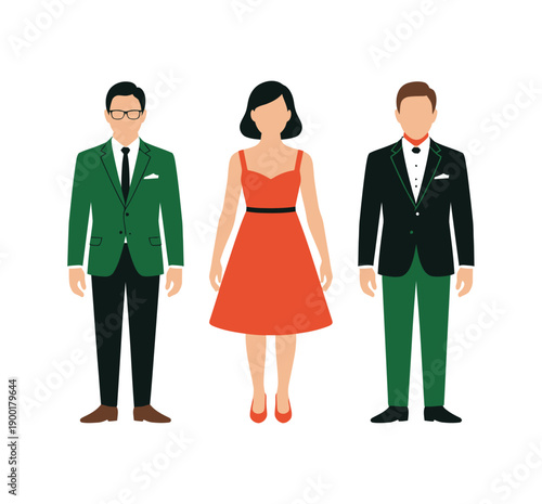 Three elegantly dressed people standing together in formal attire against a plain background.