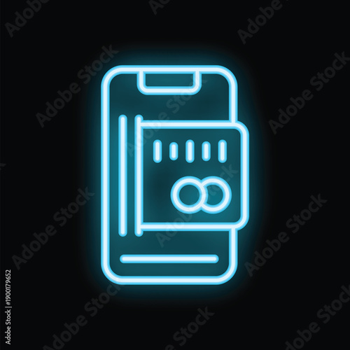 Blue neon sign showing a smartphone paying with credit card on a black background