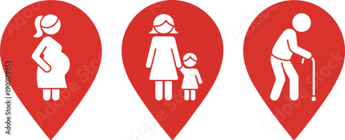 Family Care Location Pin Icon Set with Pregnancy Parent and Elderly Support Symbols
