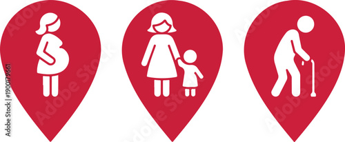 Family Care Location Pin Icon Set with Pregnancy Parent and Elderly Support Symbols