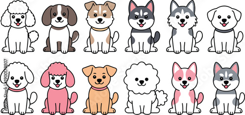 Cute Puppy Dog Cartoon Character Vector Set with Different Breeds and Poses