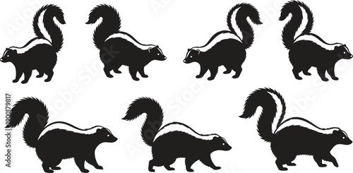 Collection of skunk silhouettes in various poses black and white silhouette