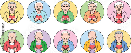 Cute Elderly Cupid Angel Cartoon Portrait Set with Hearts and Love Symbols