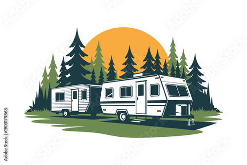 A white RV is parked in a forest clearing with a trailer attached, surrounded by tall trees and a vibrant orange sunset.