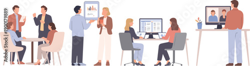 Modern Office Meeting Flat Vector Illustration Set with Team Collaboration Scenes