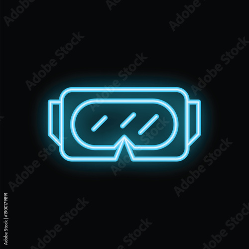 Blue neon sign representing a virtual reality headset, glowing on a black background
