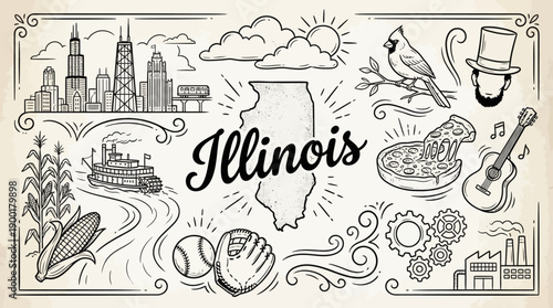 Illinois State Culture Vector Illustration – Chicago Skyline, Agriculture, Lincoln, Sports, and Cuisine Icons for Regional Identity and Travel Design Use