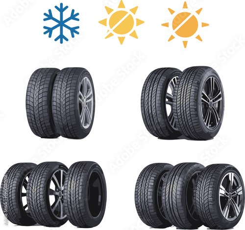 Winter tires, summer tires, seasonal tire comparison, car tire tread, automotive safety, weather-specific tires, snow tire, sun tire, vehicle grip, tire texture, rubber wheels