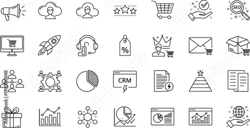 Digital marketing icon set, e-commerce visuals, CRM symbols, SEO tools, business analytics, customer engagement, black and white vector illustrations