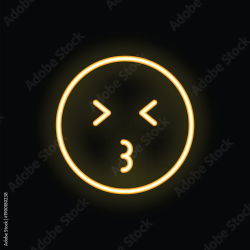 Bright yellow neon sign is glowing in the dark, shaped like a classic emoticon sending a kiss