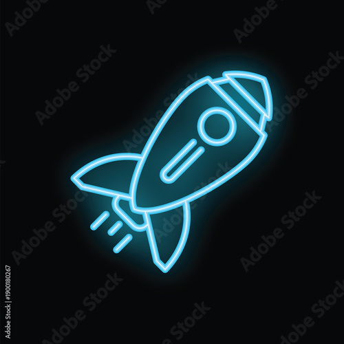 Neon blue rocket ship launching into space leaving a trail of fire behind it