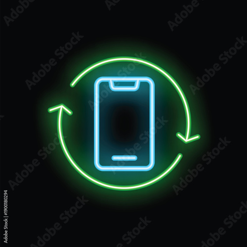 Glowing neon icon of a smartphone with two arrows rotating around it in a recycling symbol